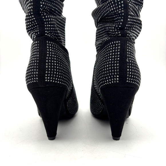 Vintage Y2K Report 'CASI' Black Faux Suede Rhinestone Block Heel Slouchy Boots 6 - Picture 8 of 15